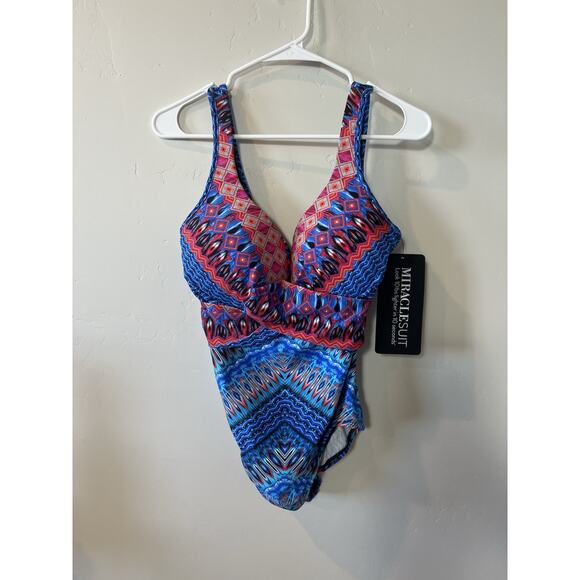 Miraclesuit Size 14 Criss Cross Escape Blue Compression Slimming Swimsuit NWT - Picture 2 of 8